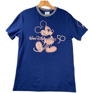 Disney World 50th Anniversary Mickey Mouse Rose Gold Navy Ringer‎ T-Shirt Mens S